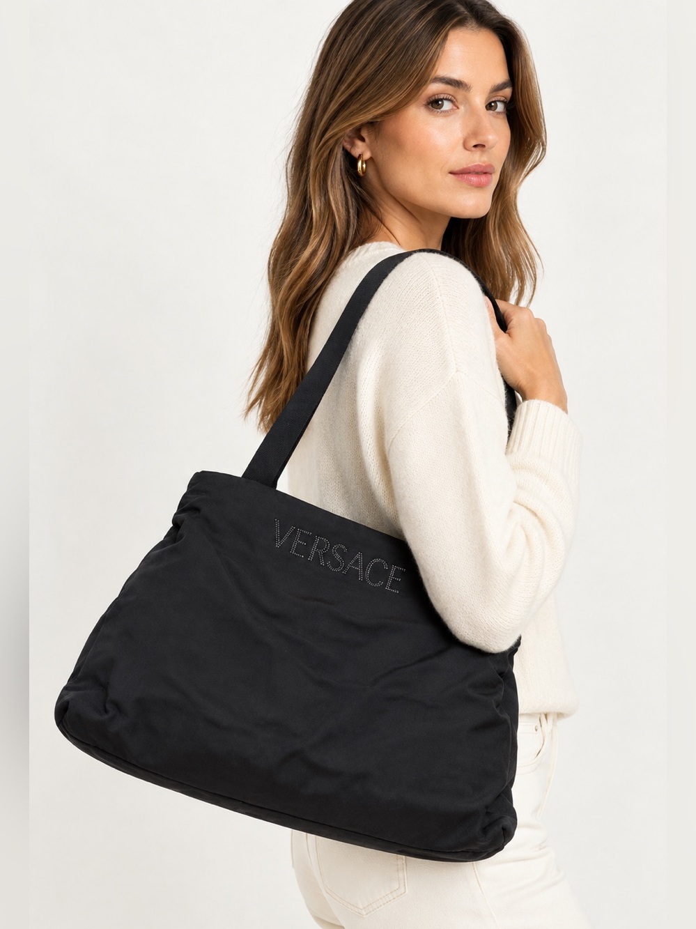 VERSACE / Black Nylon Embroidered Logo Leather Straps Bag - COA Authenticated